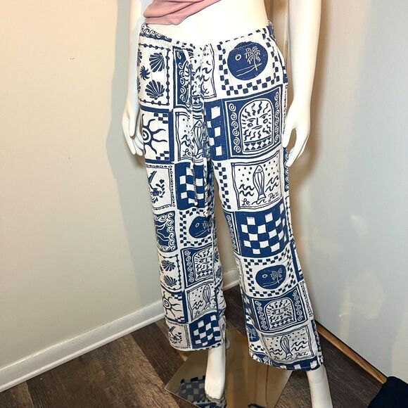 cali 1850 Pants - Cali 1850 Wide Leg Linen Pants M - Ocean Print Coastal Beach Sardine Euro Summer